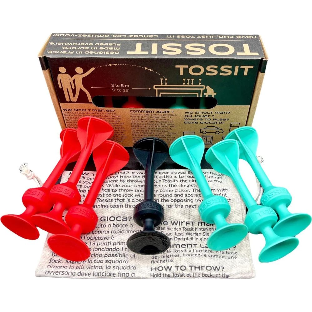Set da gioco Tossit con freccette rosse, nere e verdi e istruzioni.