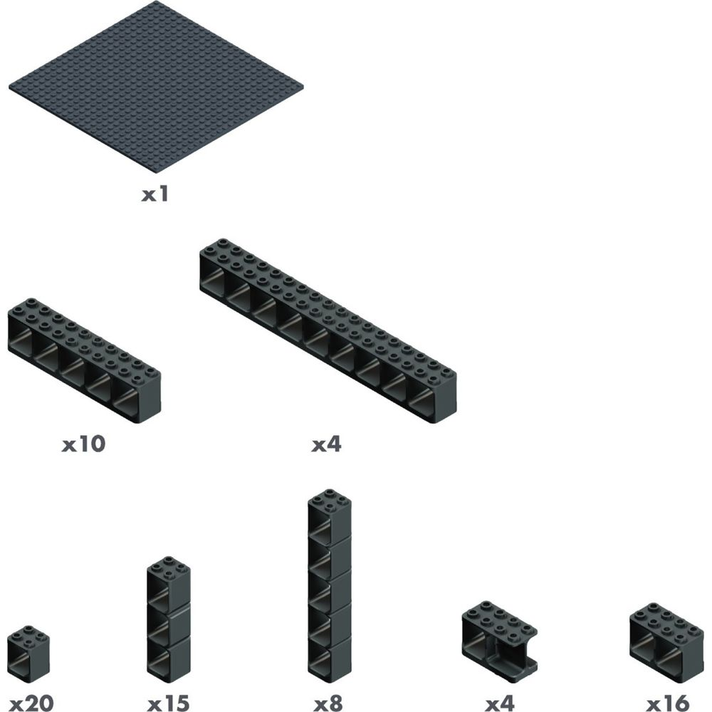 Graue Legosteine: eine Platte, 2 lange Balken, 2 kurze Balken, 3 Stapelsteine.
