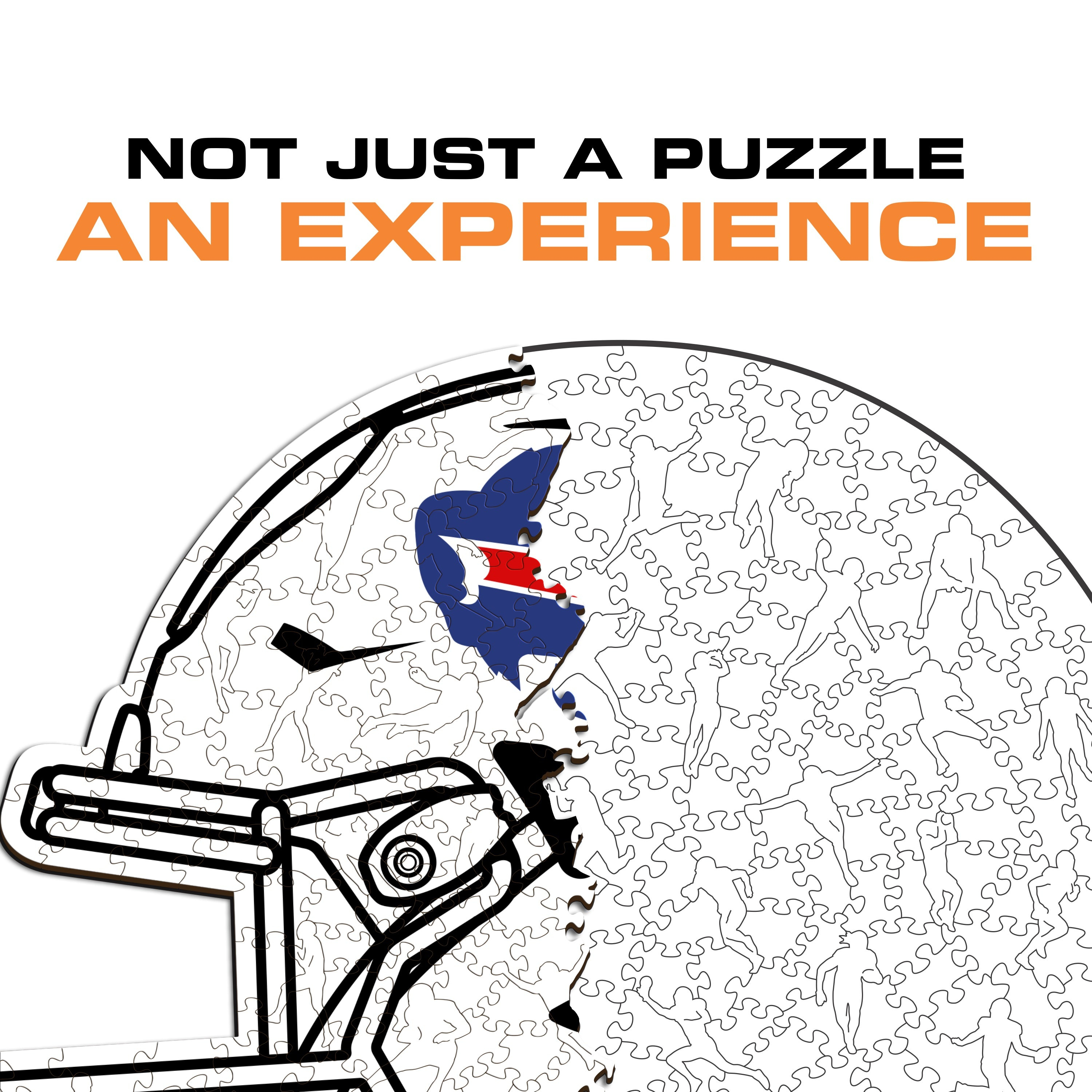 Ein Puzzle mit schemenhaften Sportlern und einem Hockey-Helm-Motiv in Blau und Rot.