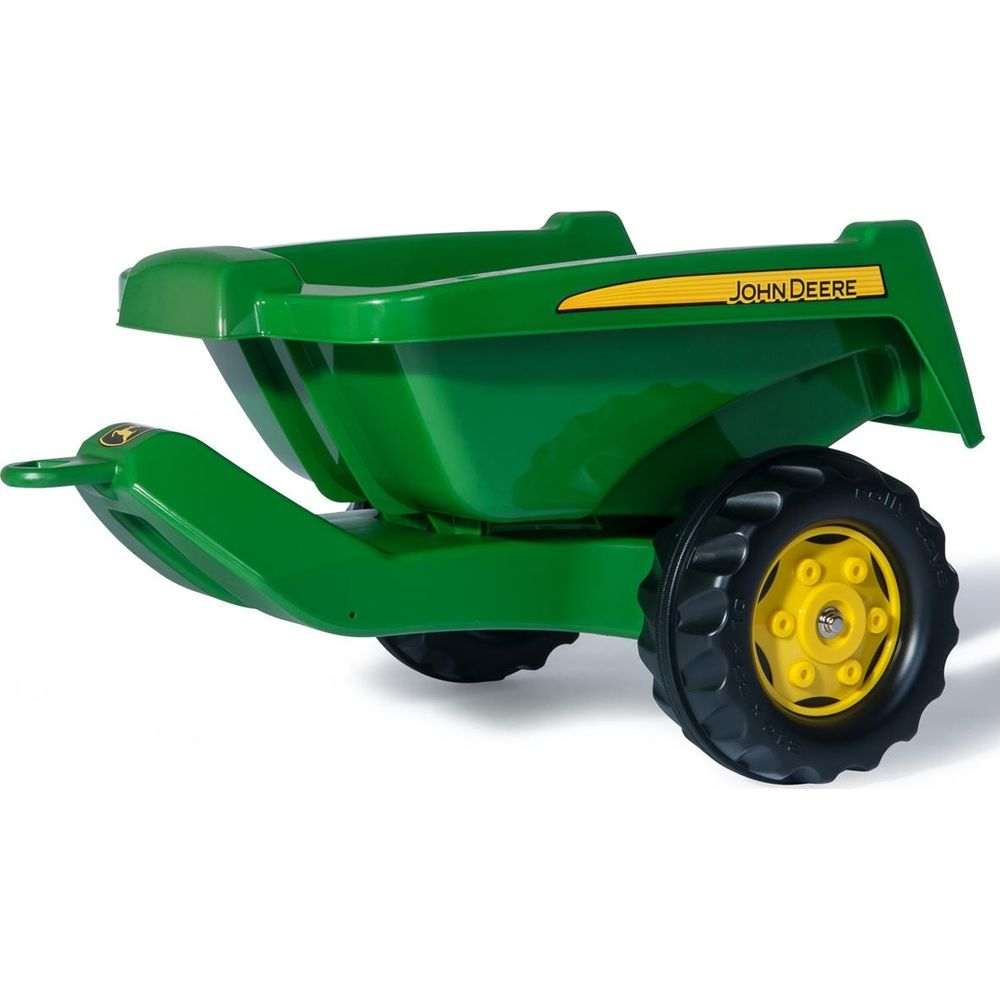 Grüner John Deere Spielzeug-Anhänger mit gelbem Streifen und schwarzem Rad.