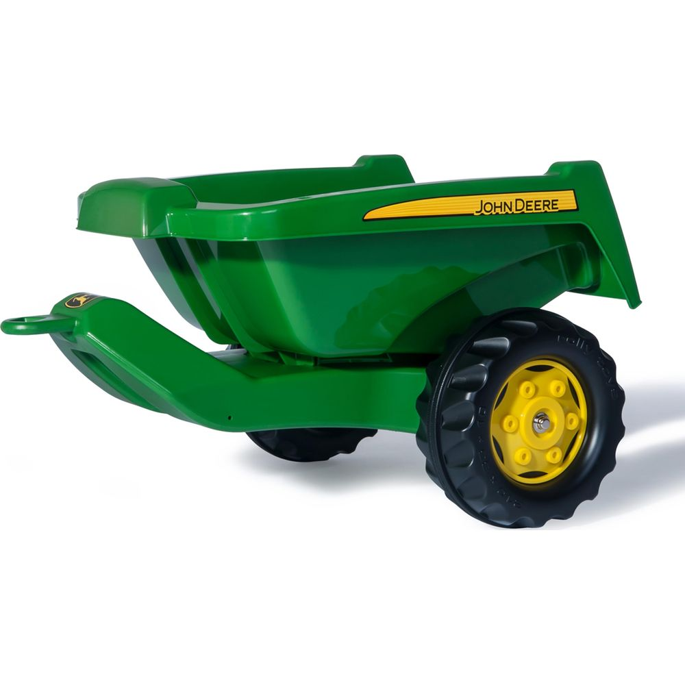 Grüner John Deere Spielzeuganhänger mit gelben Felgen und schwarzem Reifen.