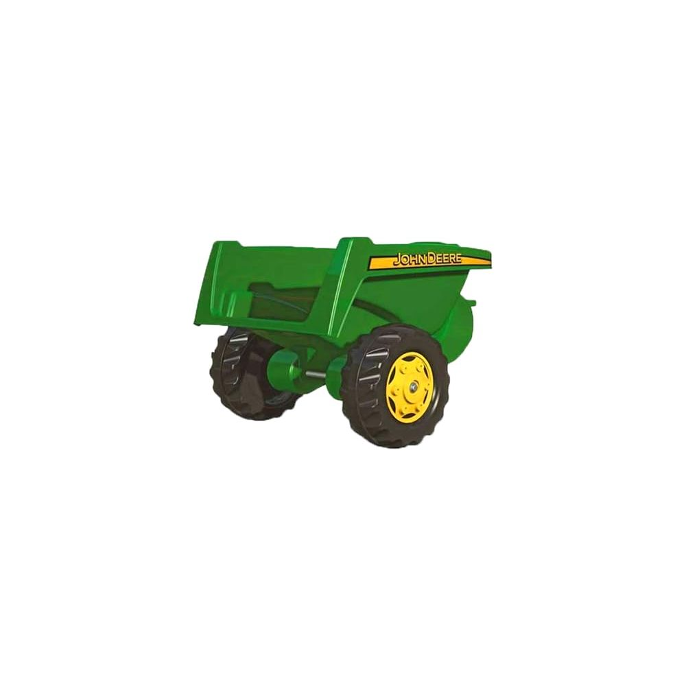 Grüner John Deere Kipper Spielzeug mit gelben Felgen und schwarzen Reifen.