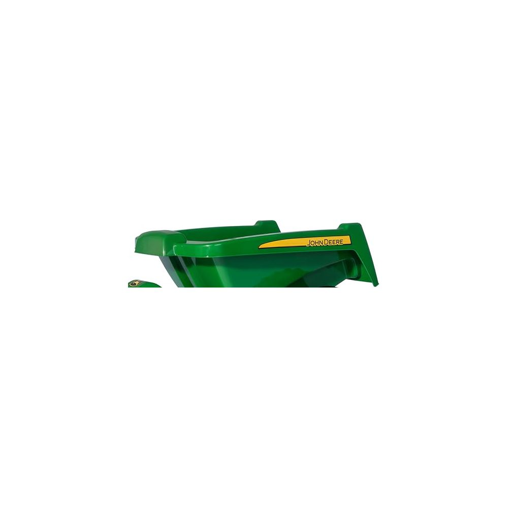 Grüner John Deere Anhänger mit gelbem Streifen und Schriftzug.