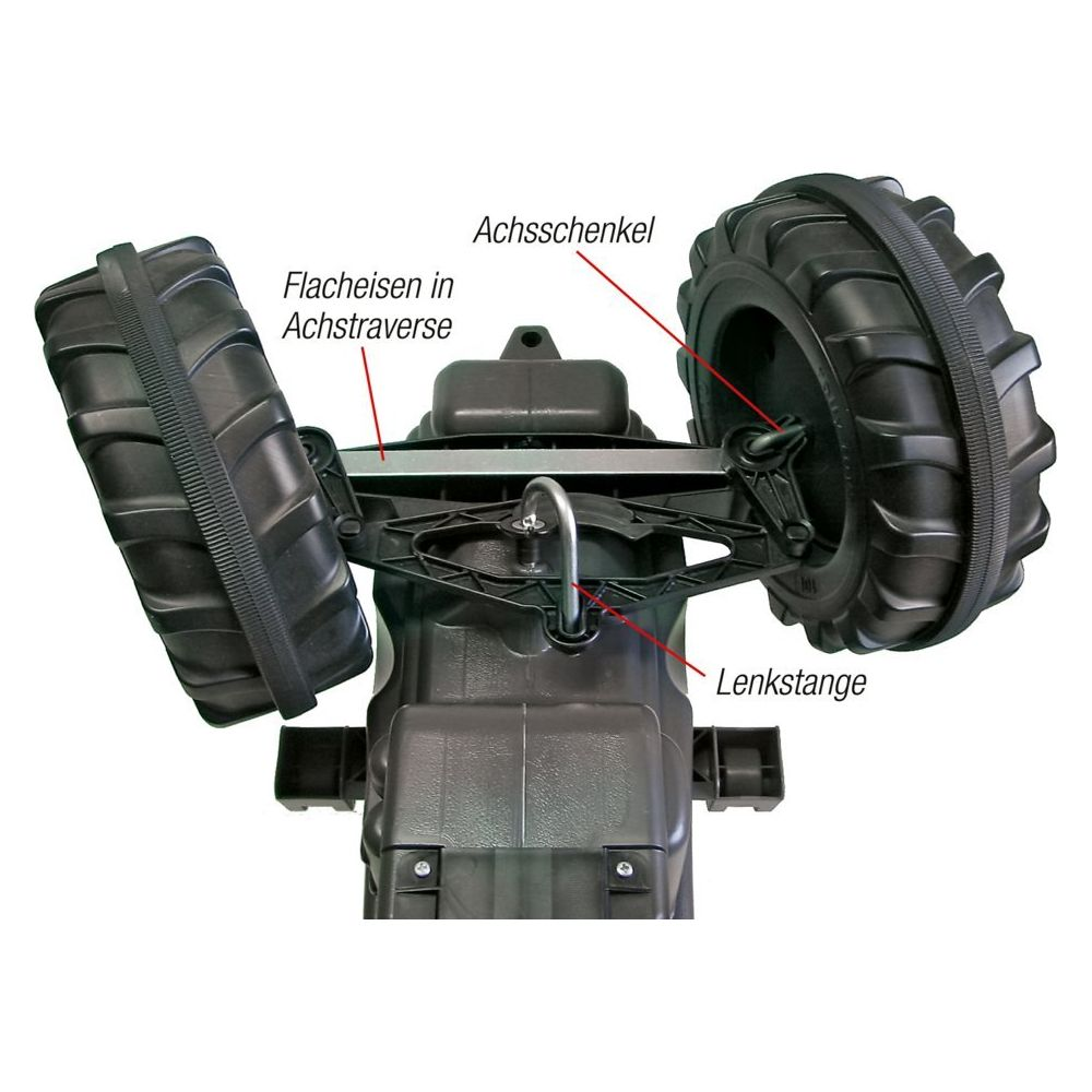 Detailaufnahme der Lenkung eines Spielzeugtraktors mit zwei Rädern und Achse.