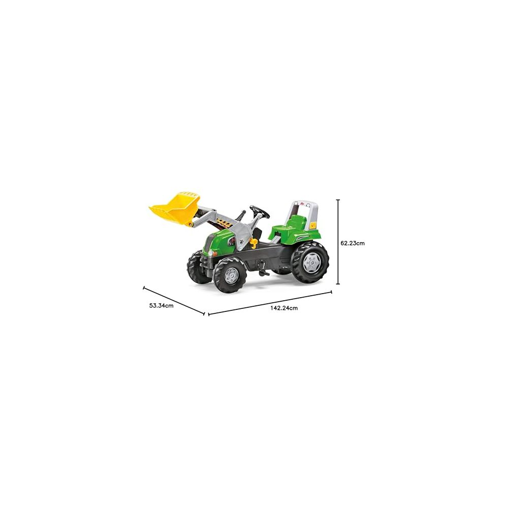 Grüner Spielzeugtraktor mit gelber Schaufel und Maßen.