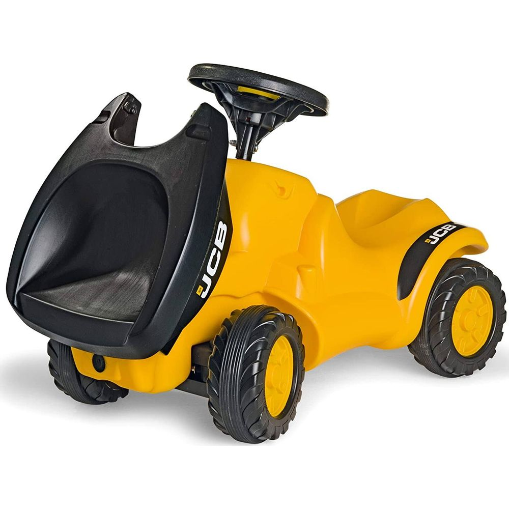 Ein gelber Kinderbagger mit schwarzem Ladebereich und Lenkrad.
