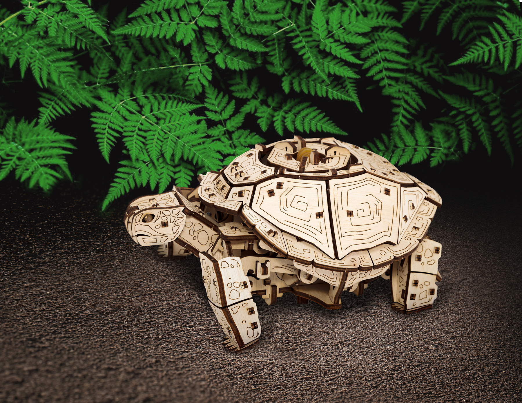 Ein Holzmodell einer Schildkröte steht auf einer dunklen Oberfläche vor grünen Farnen.
