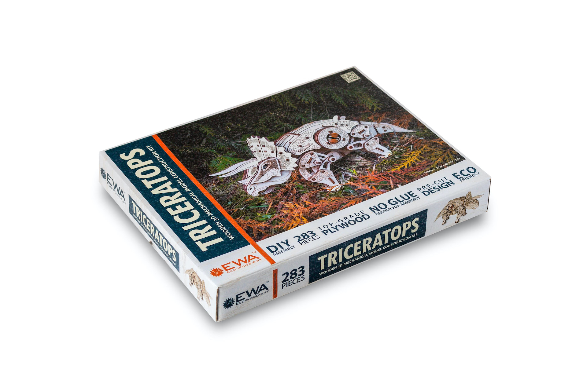 Verpackung eines Holz-3D-Modells eines Triceratops mit detaillierter Abbildung.