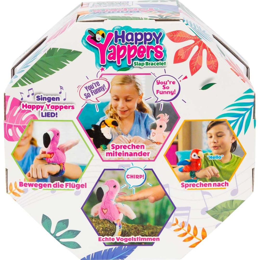 Packung mit Happy Yappers Slap Armbändern, zeigt Kinder mit Spielzeugvögeln.