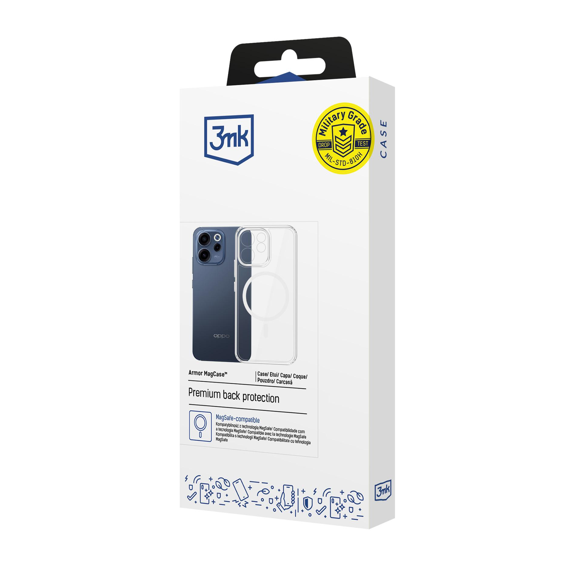 Opakowanie etui na telefon 3mk z certyfikatem klasy wojskowej i kompatybilnością MagSafe.