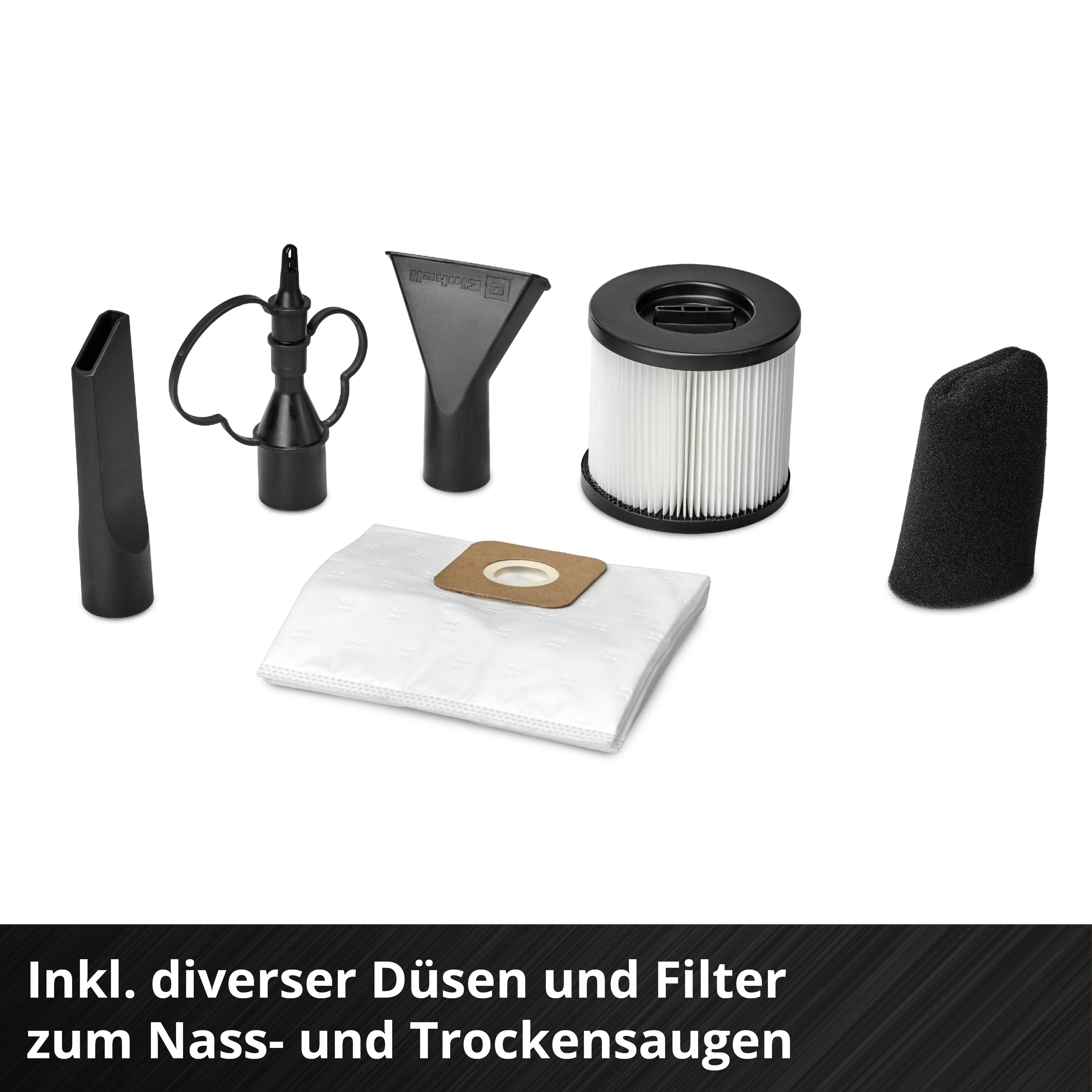 Zubehör für Nass- und Trockensauger: Düsen, Filter und Staubbeutel.