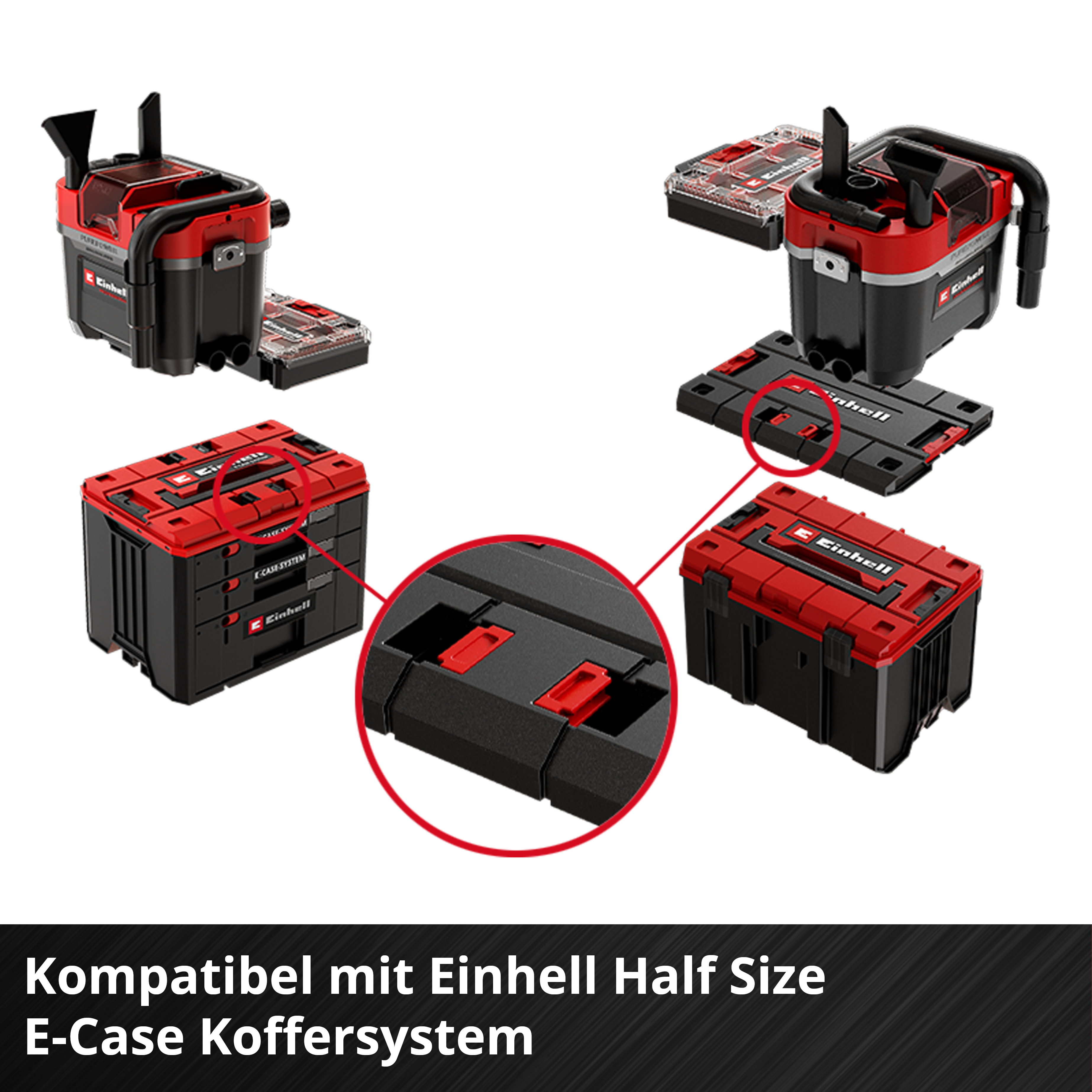 Rote und schwarze Werkzeugkisten, ein Nahaufnahme-Detail der Verriegelungsmechanismen.