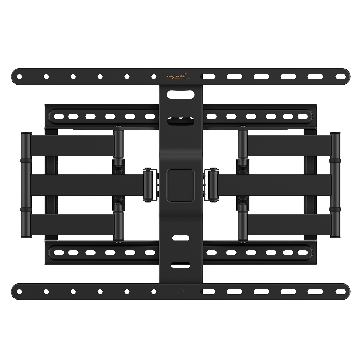 Schwarze, verstellbare Wandhalterung für Flachbildfernseher mit mehreren Gelenkarmen.