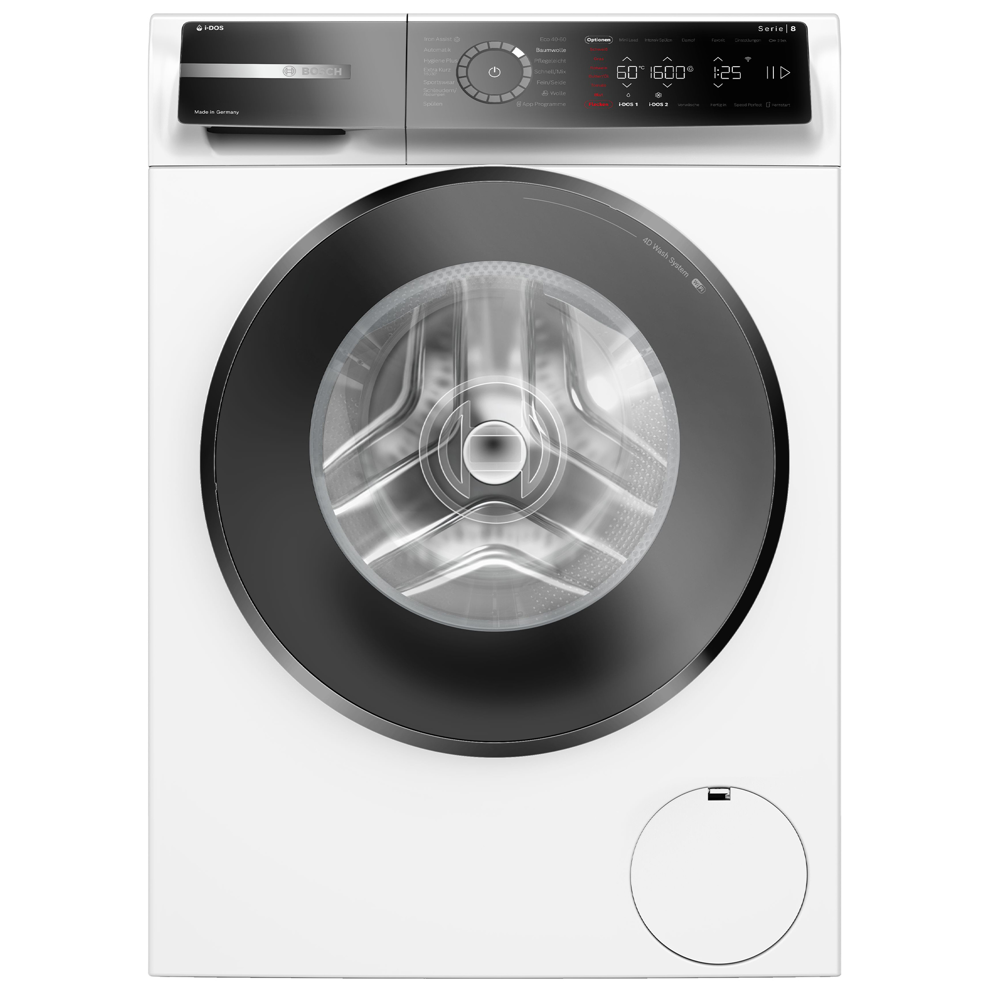 Weiße Bosch Waschmaschine mit schwarzer Tür und digitalem Display. Made in Germany.