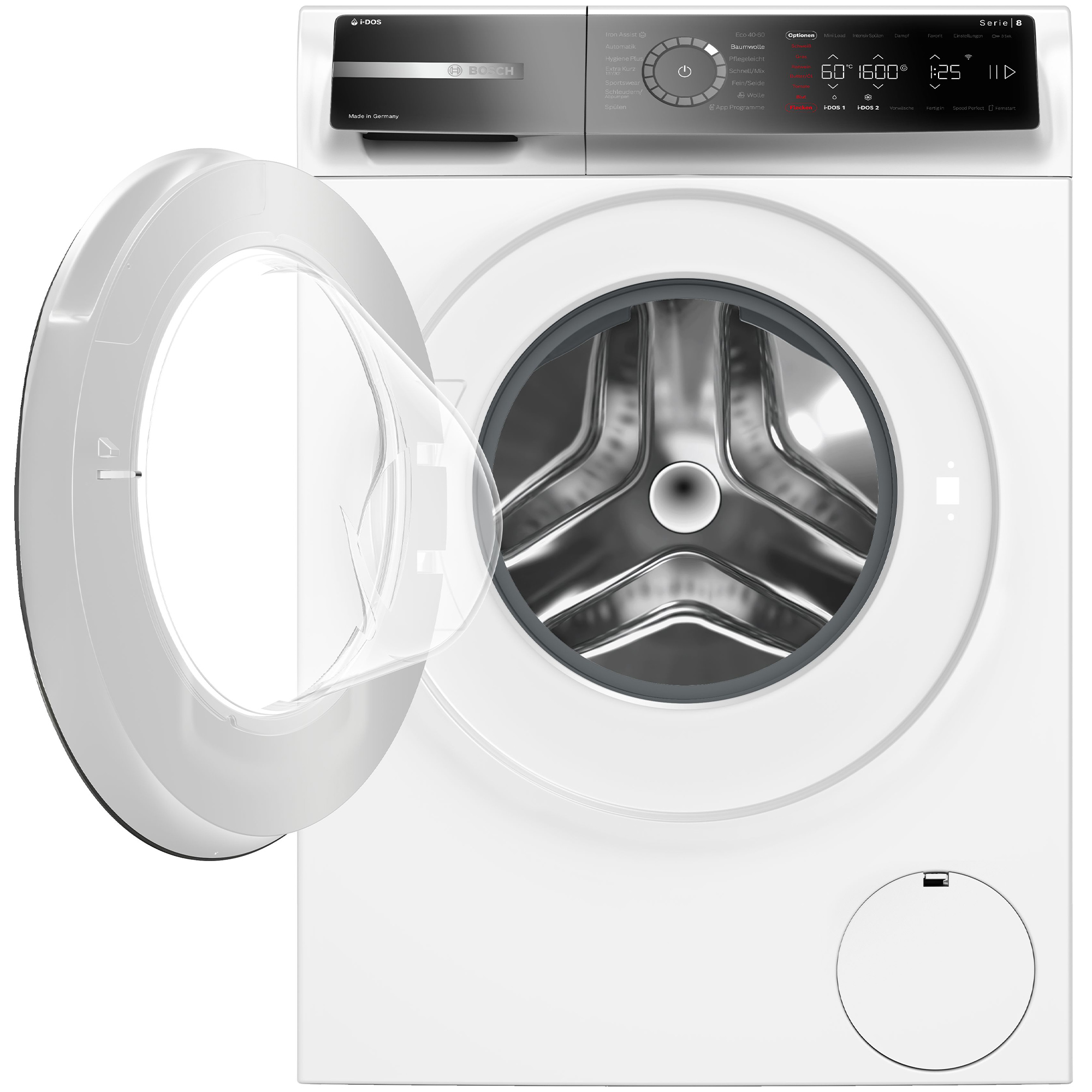 Weiße Bosch Waschmaschine mit geöffneter Tür und digitalem Bedienfeld.