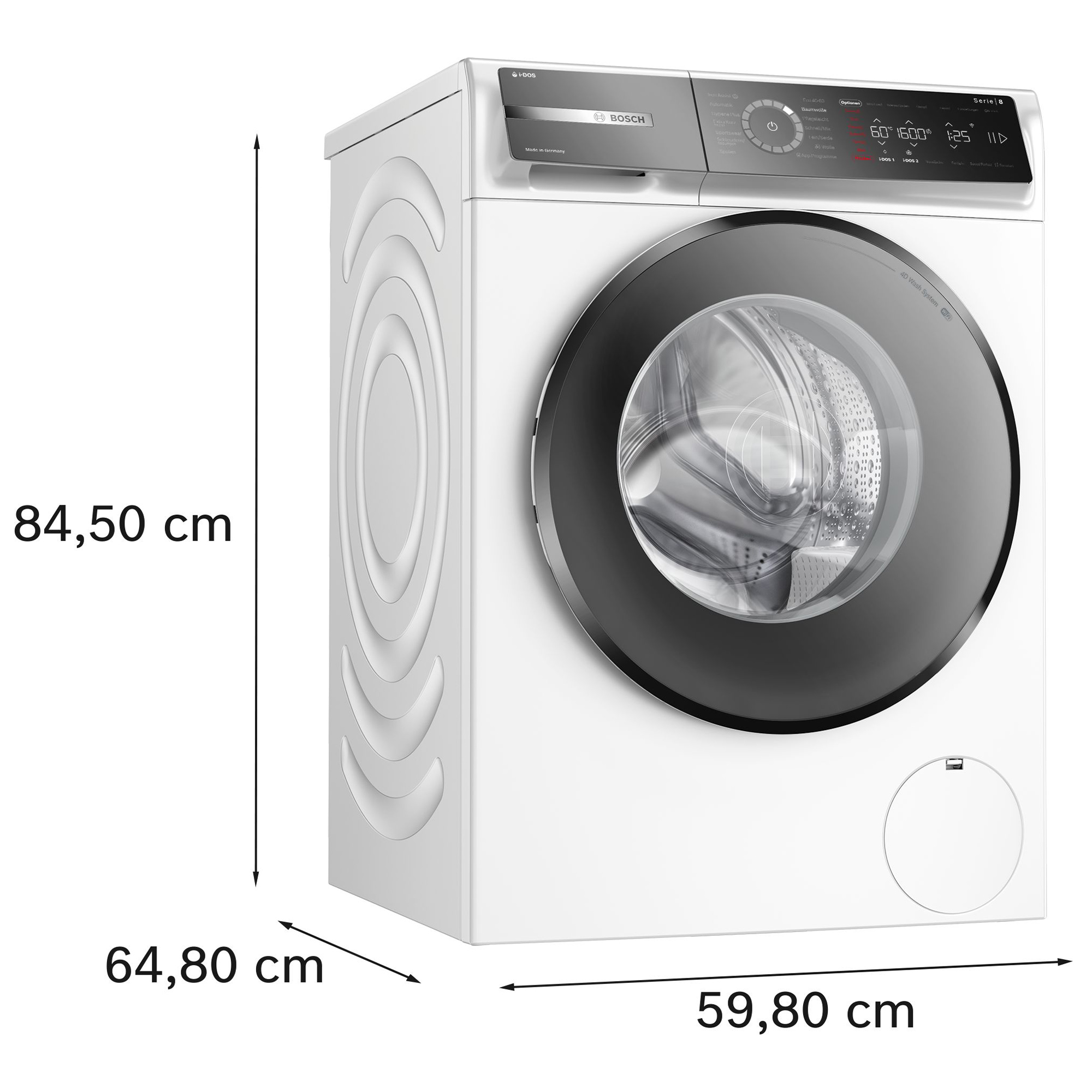 Eine weiße Bosch Waschmaschine mit silbernem und schwarzem Bedienfeld.