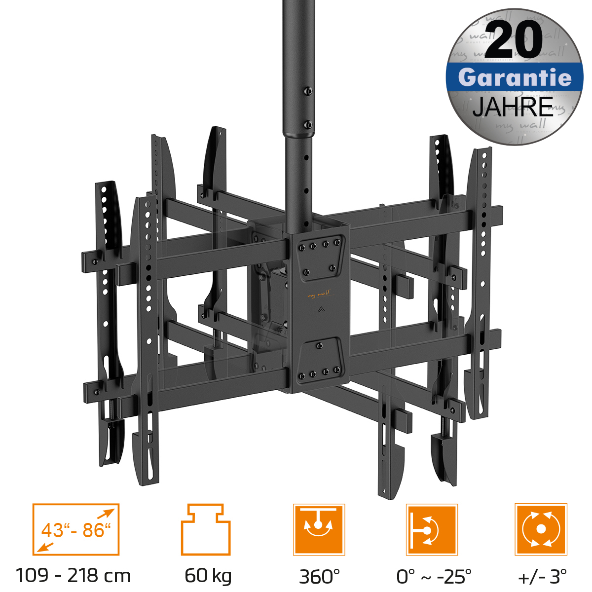 Schwarze Deckenhalterung für Fernseher, geeignet für 43-86 Zoll, 60kg, 360° drehbar.