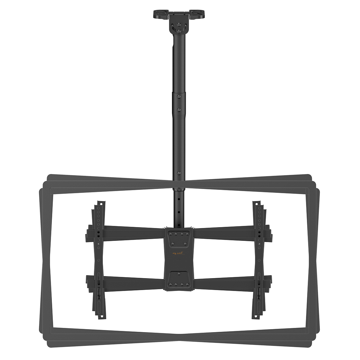 Schwarze Deckenhalterung für Fernseher mit verstellbarem Arm und VESA-Platte.