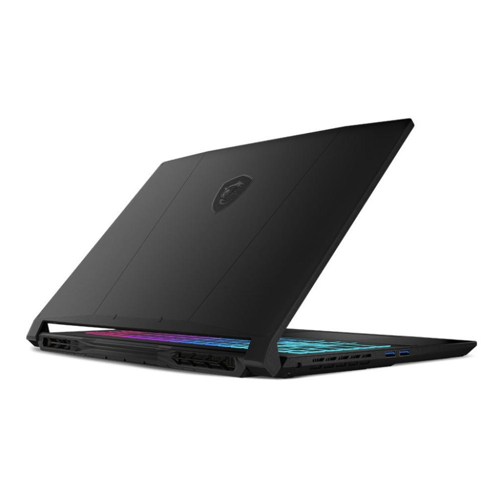 Czarny laptop z podświetlaną klawiaturą i logo MSI.