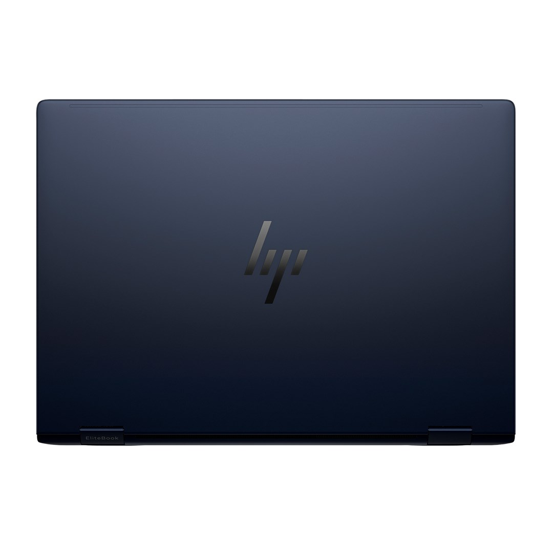 Granatowy laptop HP Elitebook z błyszczącym logo na pokrywie.