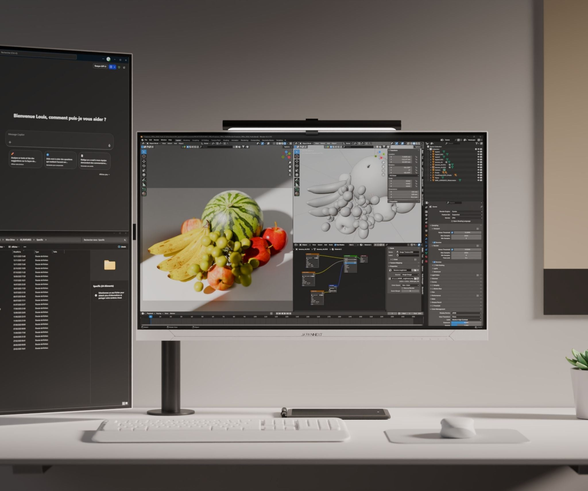 Zwei Monitore zeigen eine 3D-Software mit Früchten und eine Dateiverwaltung.