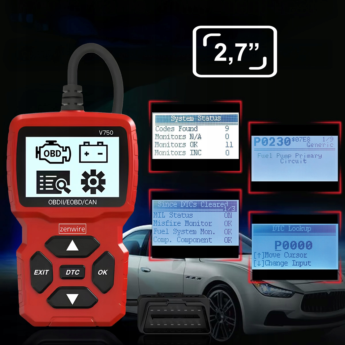 Czerwone urządzenie diagnostyczne z ekranem wyświetla dane samochodu. Samochód w tle.