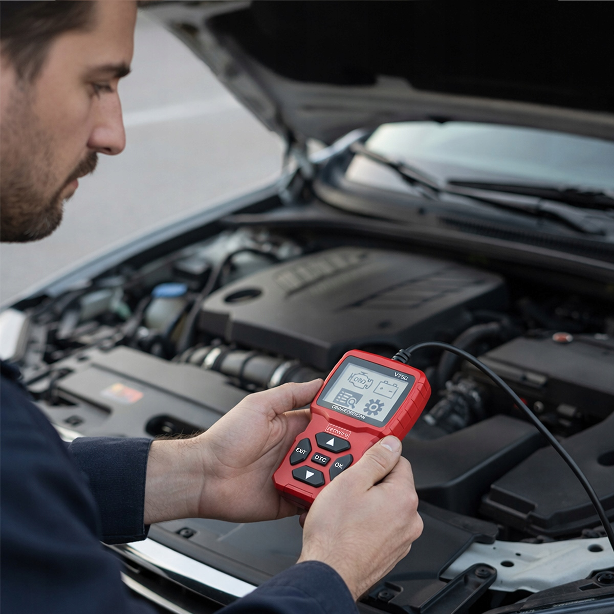 Mężczyzna czyta urządzenie diagnostyczne przed otwartą maską samochodu.