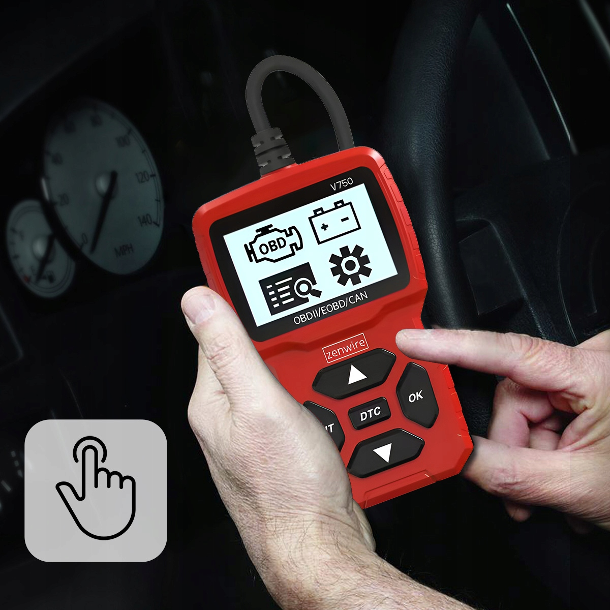 Czerwone urządzenie diagnostyczne w samochodzie, trzymane przez rękę.