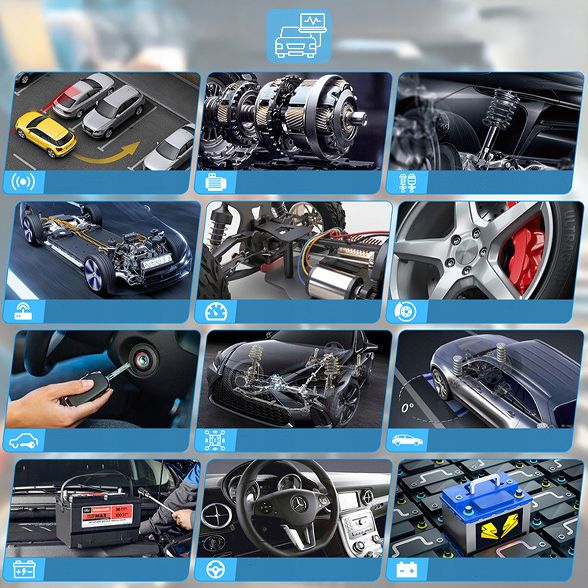 Kolaż części i systemów samochodowych: skrzynia biegów, silnik, koło, zapłon, akumulator.