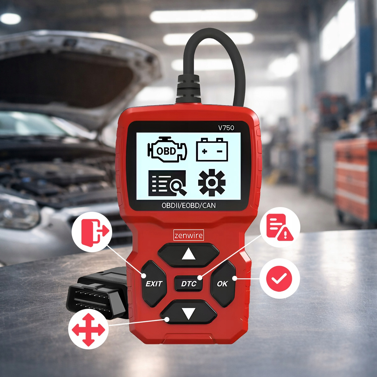 Czerwone urządzenie diagnostyczne z ekranem i przyciskami, samochód w tle.