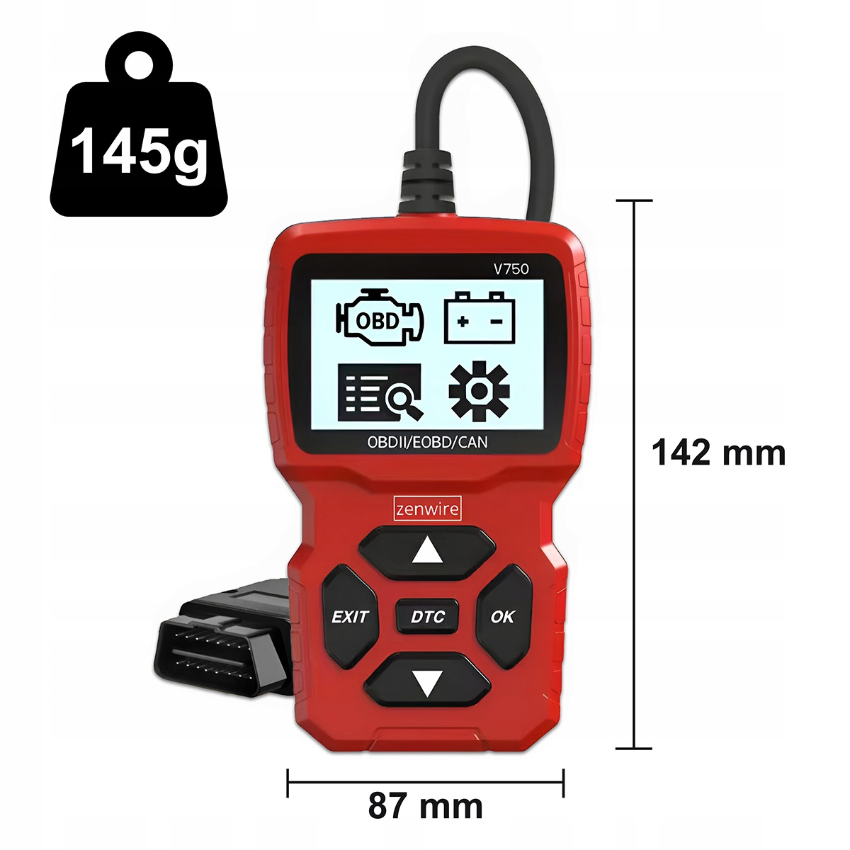 Czerwony skaner OBDII z ekranem, przyciskami, kablem. Wymiary 142x87mm, 145g.