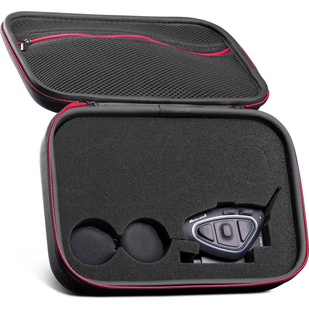 Czarna walizka z czerwonymi akcentami, zawierająca urządzenie komunikacyjne i słuchawki.