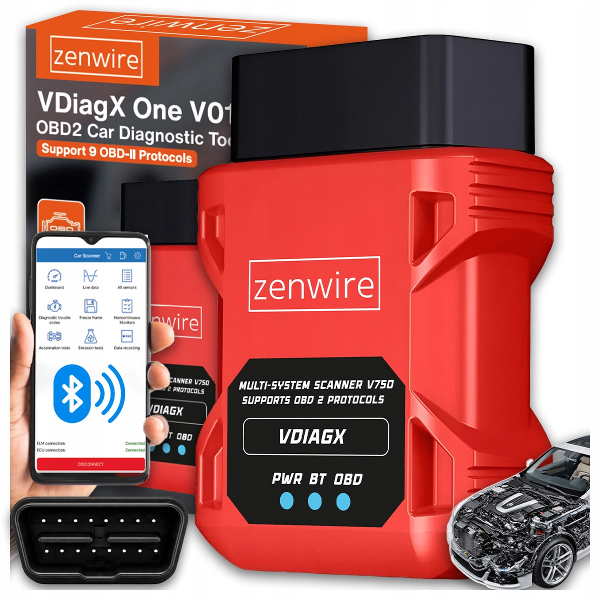 Czerwone urządzenie diagnostyczne ze smartfonem, złączem OBD i detalami silnika.