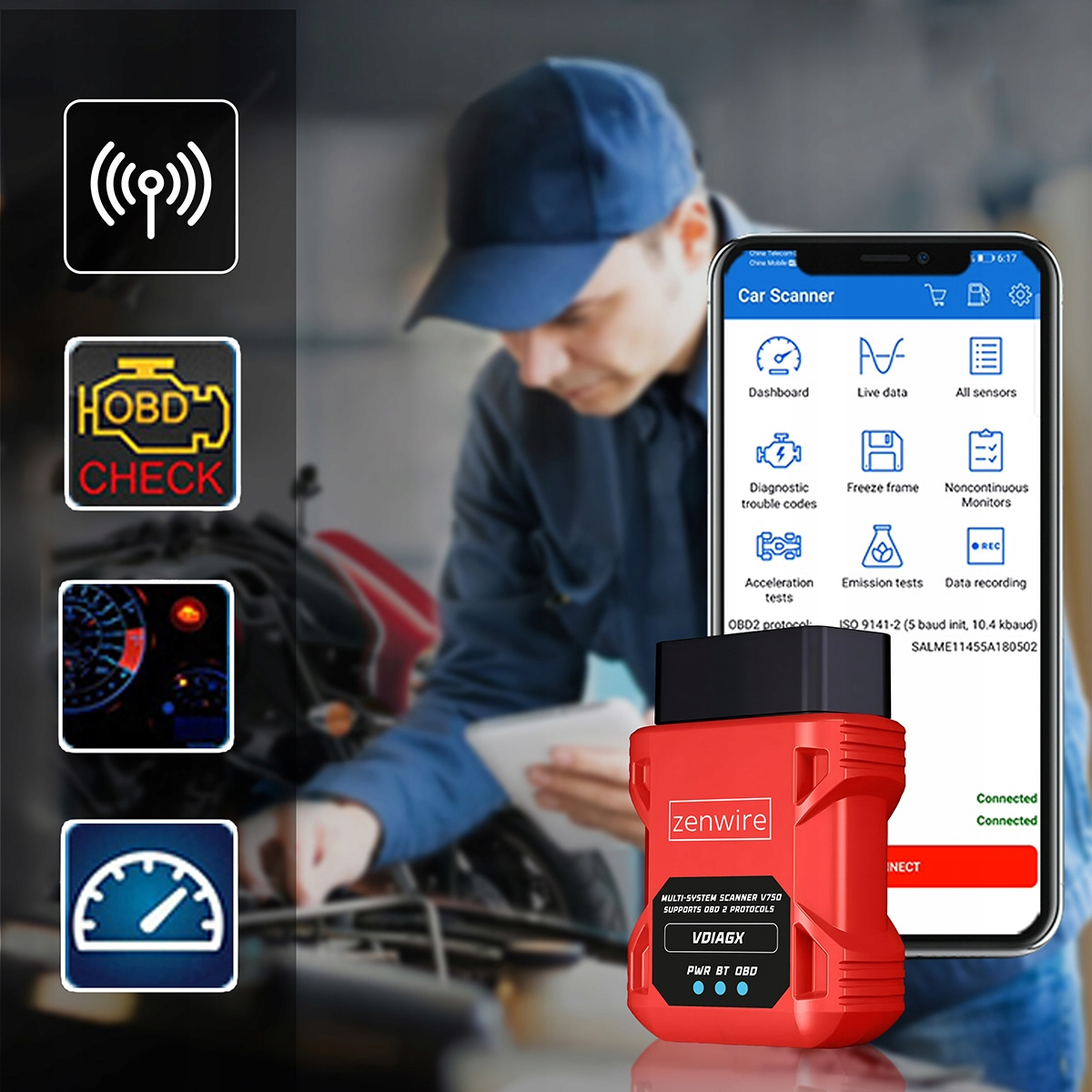 Mechanik używa narzędzia diagnostycznego i smartfona z aplikacją skanera aut.