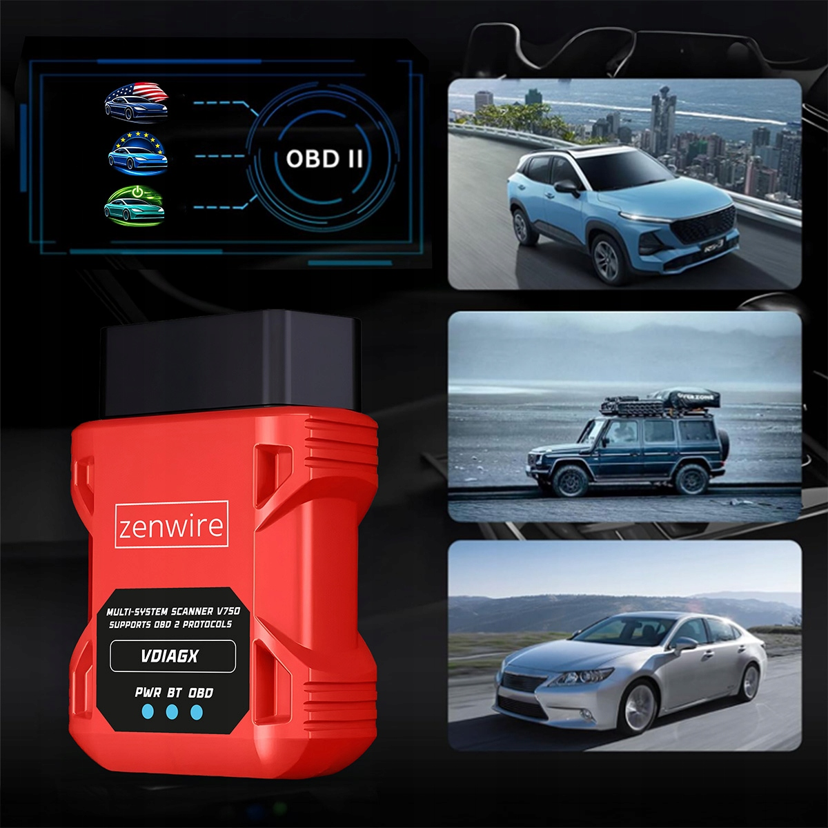 Czerwony skaner OBD II z samochodami na drodze i ekranem pokazującym OBD II.