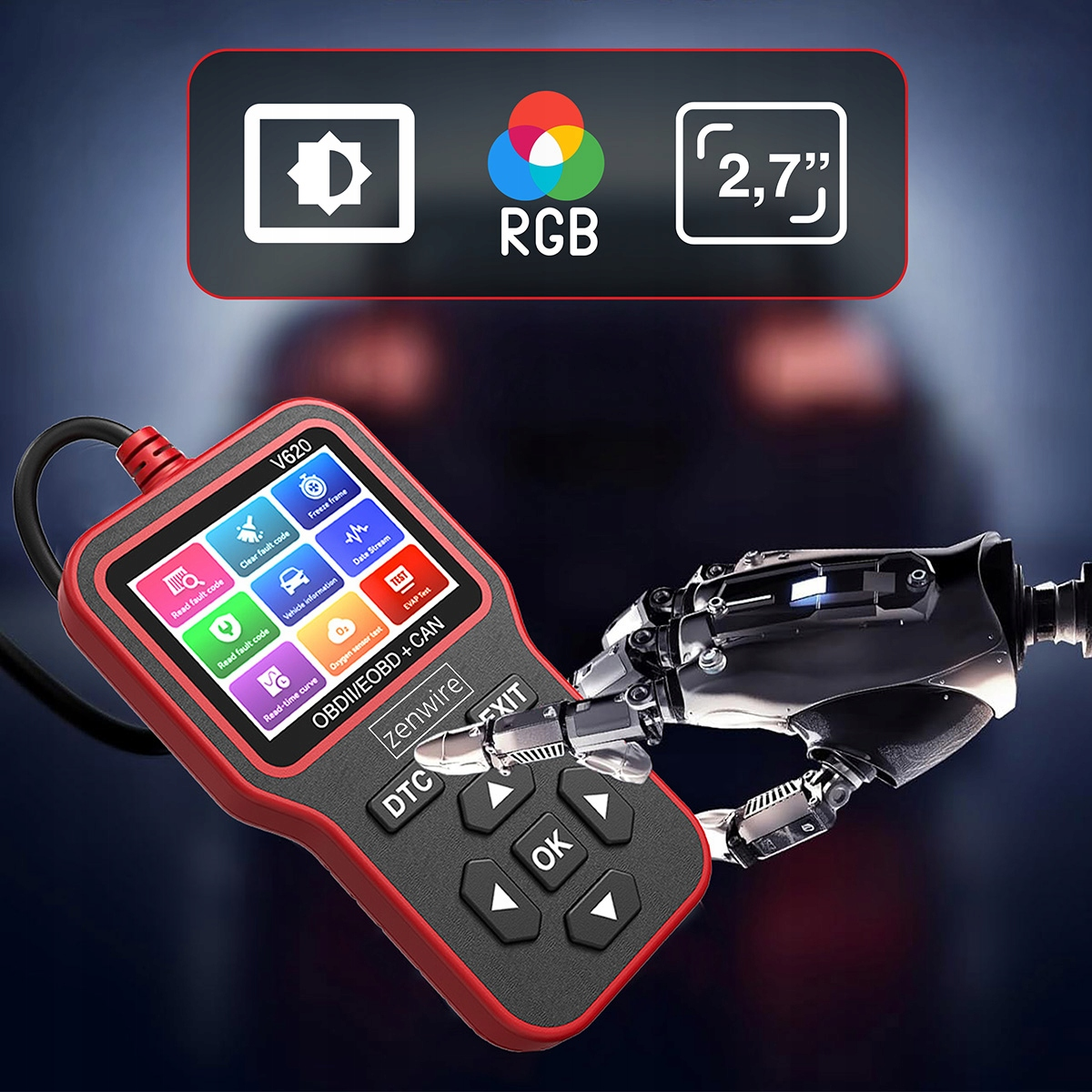 Czerwone narzędzie diagnostyczne z ekranem RGB 2,7 cala i ramieniem robota.