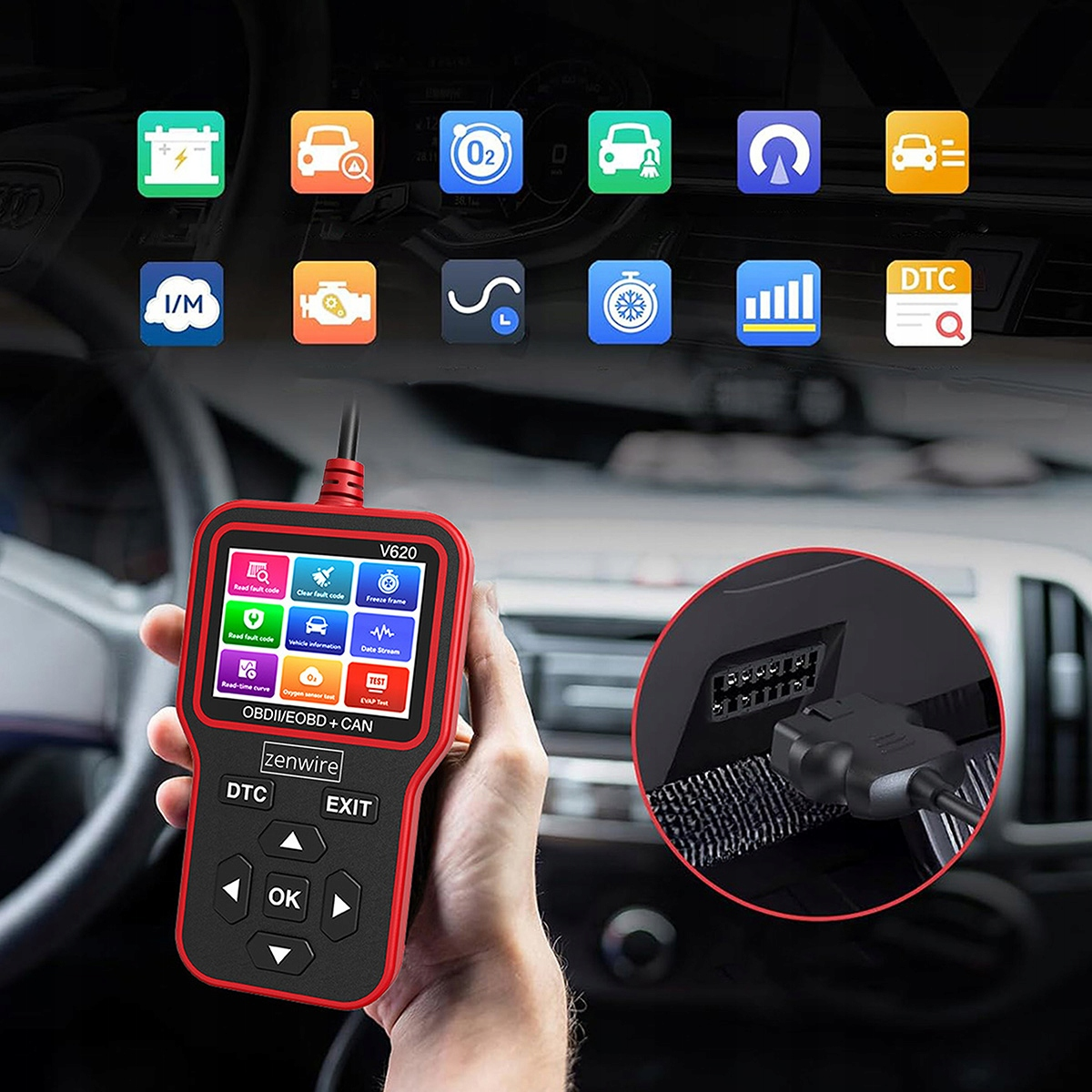 Ręka trzymająca urządzenie diagnostyczne z ikonami i ekranem.