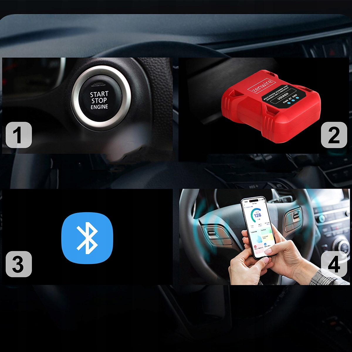 Przycisk start/stop w samochodzie, czerwone narzędzie diagnostyczne, symbol Bluetooth, telefon na kierownicy.
