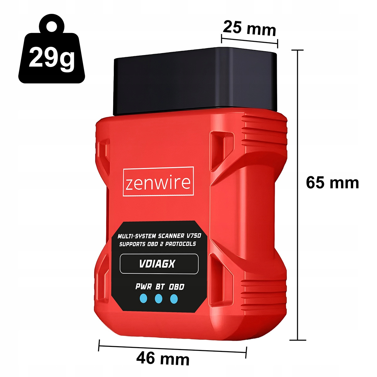 Czerwony skaner OBD2 z wymiarami i wagą (29g, 46x65x25mm).