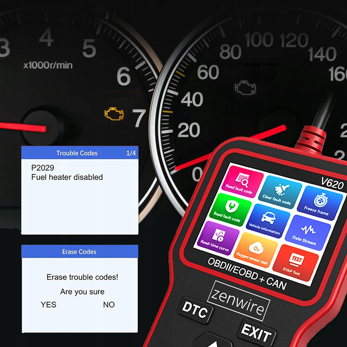 Narzędzie diagnostyczne pokazuje błąd P2029, podgrzewacz paliwa wyłączony. Widoczne wskaźniki deski rozdzielczej.