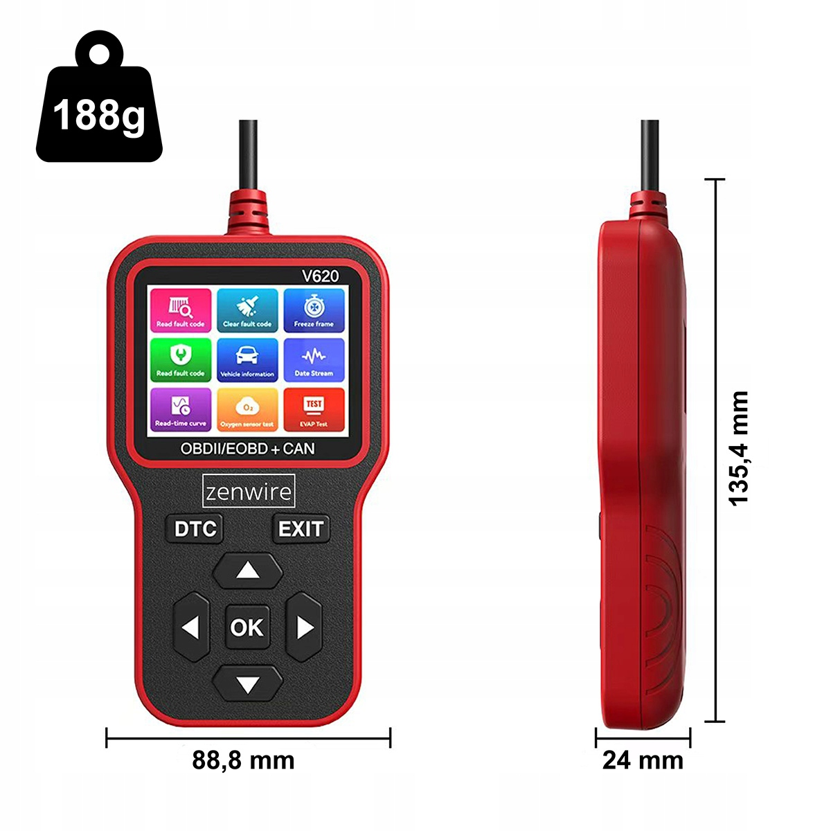Czerwone narzędzie diagnostyczne z ekranem i przyciskami, podano wymiary.