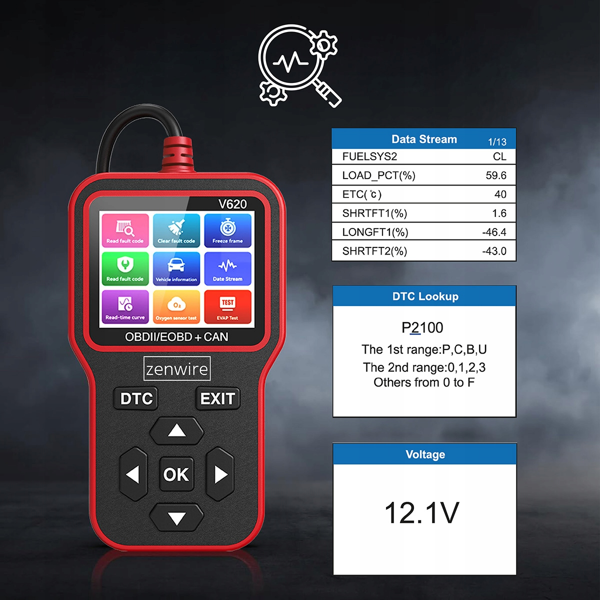 Czerwone urządzenie diagnostyczne pokazujące strumień danych, wyszukiwanie DTC.