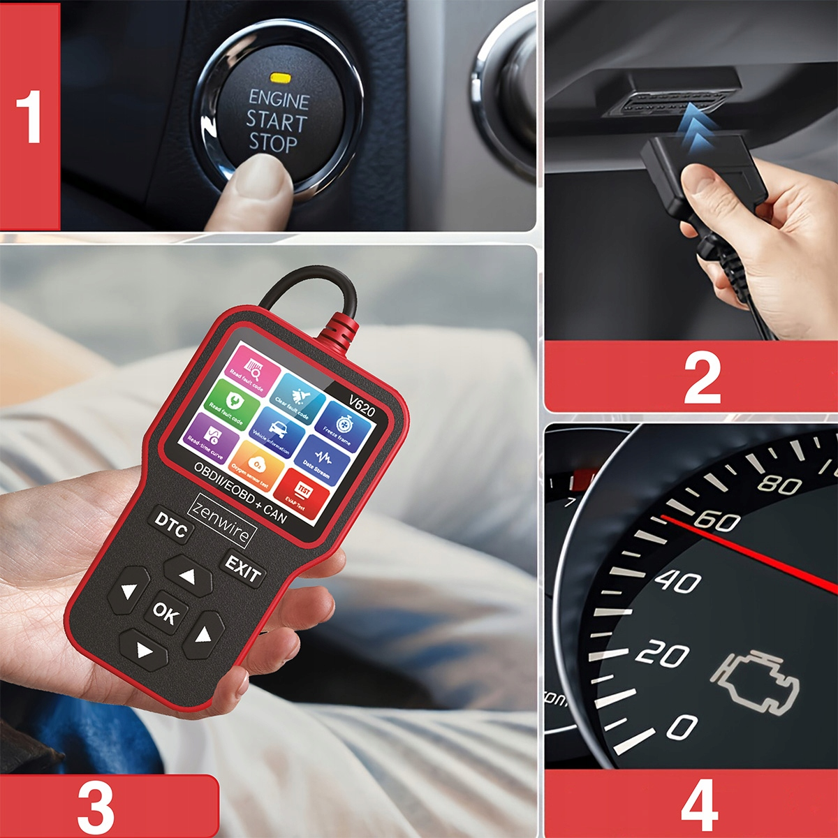 Palec naciska przycisk start-stop silnika, narzędzie diagnostyczne, deska rozdzielcza, kontrolka silnika.