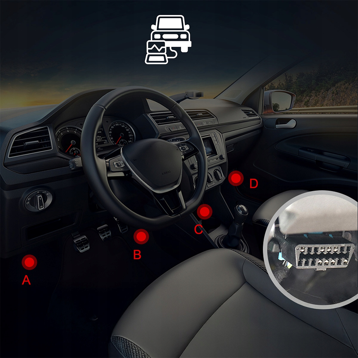 Wnętrze samochodu: Kierownica, deska rozdzielcza, siedzenia i port diagnostyczny.