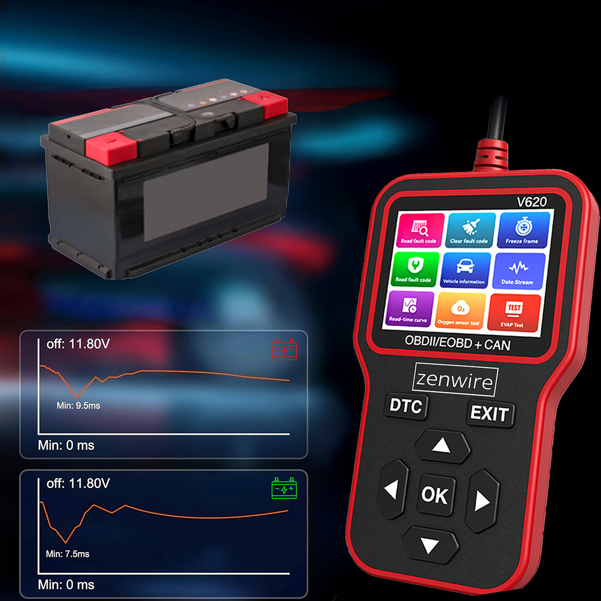 Akumulator samochodowy z urządzeniem diagnostycznym i wykresami napięcia.