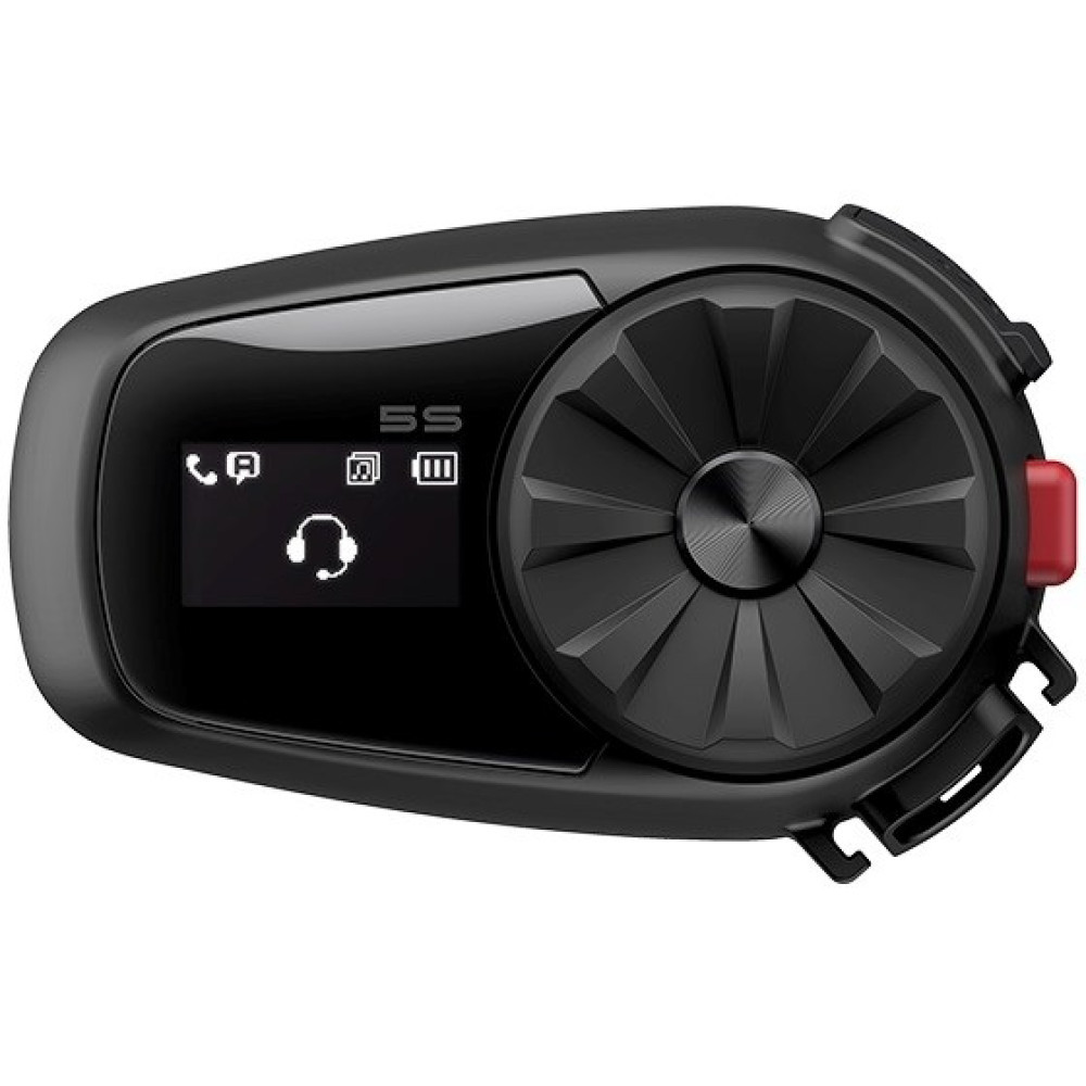 Czarne urządzenie komunikacyjne z ekranem pokazującym słuchawki, połączenia i poziom baterii.