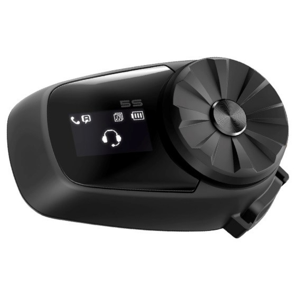 Czarny komunikator motocyklowy z małym ekranem i pokrętłem.