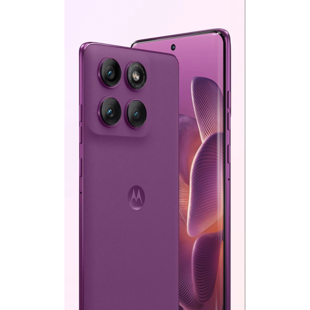 Fioletowy smartfon Motorola jest pokazany od tyłu, z ekranem widocznym po prawej stronie, wyświetlającym fioletowe wizualizacje.