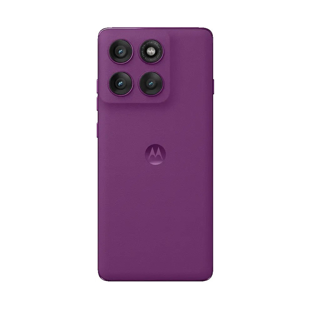 Fioletowy smartfon Motorola z czterema aparatami i logo Moto z tyłu.