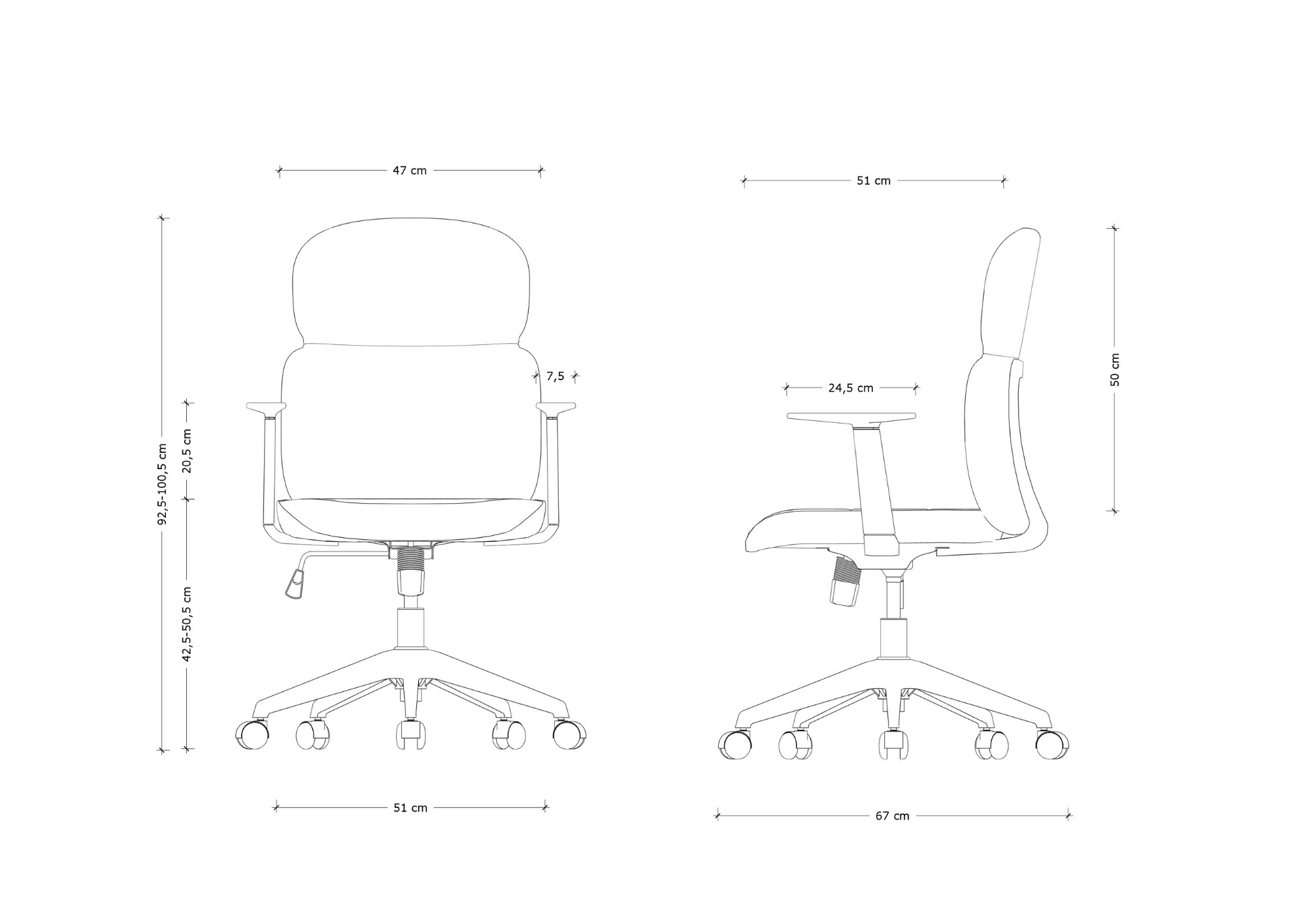 Biały rysunek liniowy przedstawia wymiary przednie i boczne krzesła biurowego z pięcioramienną podstawą i kółkami.